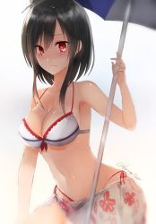 Rule 34 | 10s, 1girl, adapted costume, alternate costume, artist name, bad id, bad twitter id, beach umbrella, bikini, black hair, blush, breasts, cleavage, commentary request, highres, kantai collection, large breasts, looking at viewer, navel, parted lips, red eyes, sakiryo kanna, sarong, short hair, sideboob, sitting, solo, swimsuit, umbrella, yamashiro (kancolle)