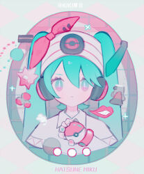 Rule 34 | 1girl, aqua hair, artist name, beanie, blue eyes, bracelet, character name, closed mouth, collared shirt, creatures (company), game freak, grey background, hair between eyes, hair ribbon, hand up, hat, hatsune miku, headphones, highres, holding, holding poke ball, jewelry, kikihuihui, long hair, looking at viewer, multicolored nails, nail polish, nintendo, poke ball, poke ball (basic), pokemon, project voltage, psychic miku (project voltage), red ribbon, ribbon, shirt, short sleeves, solo, sparkle, straight-on, twintails, upper body, vocaloid, white hat, white shirt