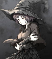 Rule 34 | 1girl, absurdres, arms under breasts, black hair, black ribbon, breasts, brown cloak, brown hat, cloak, commentary request, dark souls (series), dark souls iii, facing to the side, grey background, hat, highres, karla (dark souls 3), karla (dark souls iii), large breasts, long sleeves, looking down, ribbon, shimoda masaya, short hair, sitting, solo, witch hat