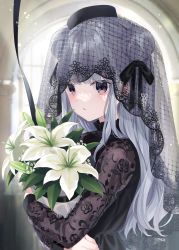 Rule 34 | 1girl, absurdres, black hair, black hat, black ribbon, blurry, blurry background, bouquet, commentary request, double bun, floral print, flower, hair bun, hair ribbon, hat, highres, hugging object, jimmy madomagi, long hair, long sleeves, looking at viewer, original, parted lips, print sleeves, purple eyes, ribbon, silver hair, solo, upper body, veil, white flower