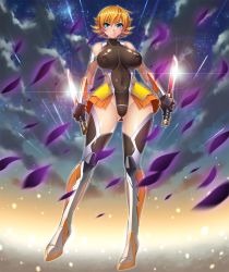 Rule 34 | &gt;:), 00s, 1girl, armor, bare shoulders, black leotard, blue eyes, blurry, blush, boots, breasts, breasts apart, closed mouth, cloud, covered collarbone, covered erect nipples, covered navel, depth of field, dual wielding, elbow gloves, fishnets, flipped hair, full body, glint, gloves, glowing, groin, hair between eyes, halterneck, highleg, highleg leotard, highres, holding, holding weapon, igawa sakura, impossible clothes, impossible leotard, kagami hirotaka, large breasts, legs apart, lens flare, leotard, light particles, light smile, lilith-soft, looking at viewer, miniskirt, motion blur, night, night sky, ninja, official art, orange hair, orange skirt, outdoors, outline, pleated skirt, reverse grip, shiny clothes, short hair, short sword, showgirl skirt, skin tight, skirt, sky, smile, solo, standing, star (sky), starry sky, sword, taimanin (series), taimanin asagi, taimanin asagi zero, tantou, thigh boots, thighhighs, thighs, turtleneck, v-shaped eyebrows, weapon