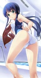 Rule 34 | 1girl, adjusting clothes, adjusting swimsuit, ass, bare legs, barefoot, blue eyes, blue hair, competition swimsuit, from behind, from below, gin (ginshari), highres, impossible clothes, joshi mote na imouto to junan na ore, leaning forward, long hair, looking back, looking down, low ponytail, matching hair/eyes, mitsurogi rinze, non-web source, one-piece swimsuit, parted lips, scan, sidelocks, solo, swimsuit, towel, wet, wet hair