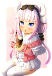 Rule 34 | 10s, 1girl, blue eyes, blunt bangs, blush, bow, child, dkoro, dragon horns, dragon tail, dress, eyebrows, food, food on face, gothic lolita, hair bow, hair ornament, hairband, highres, holding, horns, ice cream, kanna kamui, kobayashi-san chi no maidragon, lolita fashion, long hair, long sleeves, long twintails, looking at viewer, no nose, open mouth, red bow, red hairband, sitting, solo, tail, thighhighs, thighs, twintails, white thighhighs, zettai ryouiki