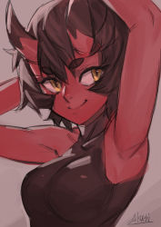 Rule 34 | 1girl, armpits, breasts, brown hair, brown shirt, closed mouth, colored skin, commentary, english commentary, grey background, hair between eyes, horns, kidouko (zakusi), looking at viewer, medium breasts, oni, original, red skin, shirt, short eyebrows, short hair, signature, sleeveless, sleeveless shirt, smile, smug, solo, thick eyebrows, upper body, yellow eyes, zakusi