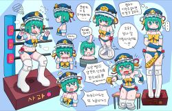 Rule 34 | 1girl, @ @, absurdres, alternate costume, bikini, blue bikini, blue headwear, blush, boots, bow, closed mouth, commentary request, flat chest, frilled bikini, frilled hat, frills, full body, green eyes, green hair, hat, highres, korean text, medium bangs, multiple views, open mouth, rod of remorse, shiki eiki, short hair, standing, stellar 197, swimsuit, touhou, touhou tag dream, translation request, white footwear, wrestling outfit, wrestling ring, wrist cuffs, yellow bow