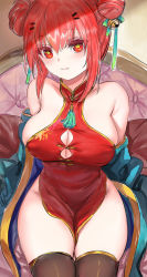 Rule 34 | 1girl, bare shoulders, bell, black thighhighs, borrowed character, breasts, china dress, chinese clothes, cleavage, double bun, dress, hair bell, hair bun, hair ornament, hair ribbon, hairclip, highres, indoors, jingle bell, large breasts, looking at viewer, off shoulder, original, pd (pdpdlv1), pelvic curtain, red dress, red eyes, red hair, ribbon, short dress, sitting, solo, star-shaped pupils, star (symbol), symbol-shaped pupils, thighhighs, vivian (mvv)