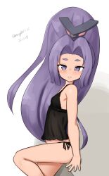 1girl absurdres alternate_breast_size babydoll big_hair black_babydoll black_panties breasts dated feet_out_of_frame hatsuharu_(kancolle) headgear highres kantai_collection looking_at_viewer maru_(marg0613) one-hour_drawing_challenge panties ponytail purple_eyes purple_hair shide side-tie_panties simple_background sitting small_breasts smile solo thick_eyebrows twitter_username underwear white_background