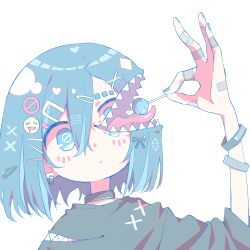 Rule 34 | bandaid, bandaid on hand, blue eyes, blue hair, blue nails, candy, emoji hair ornament, extra mouth, food, hair between eyes, hair ornament, highres, holding, holding candy, holding food, holding lollipop, lollipop, looking at viewer, matabeku, monster girl, no pupils, open mouth, original, pastel colors, pinching gesture, sharp teeth, teeth, upper body, white background, x hair ornament
