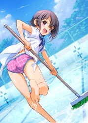 Rule 34 | 10s, 1girl, ass, bare legs, barefoot, bikini, black eyes, black hair, blush, broom, commentary request, day, empty pool, from behind, idolmaster, idolmaster cinderella girls, looking at viewer, looking back, mercy rabbit, open mouth, otokura yuuki, outdoors, pink bikini, pool, shirt, short hair, short sleeves, smile, solo, standing, standing on one leg, swimsuit, water, white shirt