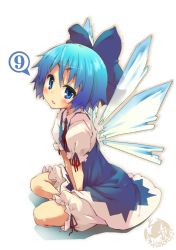 Rule 34 | circled 9, 1girl, bad id, bad pixiv id, bloomers, blue eyes, blue hair, bow, cirno, dress, hands on lap, ice, ice wings, looking at viewer, matching hair/eyes, shina mama, short hair, sitting, solo, touhou, underwear, v arms, wings