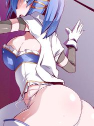 Rule 34 | 10s, 1girl, against wall, arm warmers, armband, ass, blue eyes, blue hair, bow, breasts, cape, from behind, gloves, hair ornament, hairclip, large breasts, leaning forward, looking back, magical girl, mahou shoujo madoka magica, mahou shoujo madoka magica (anime), matching hair/eyes, miki sayaka, miuku (marine sapphire), open mouth, panties, short hair, side-tie panties, sideboob, solo, thong, underwear, white gloves