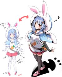 Rule 34 | 1girl, alternate costume, animal ears, animal hood, black thighhighs, blue capelet, blue hair, blush, blush stickers, bridal gauntlets, capelet, carrot hair ornament, carrot print, closed mouth, commentary request, concept art, don-chan (usada pekora), eighth note, food-themed hair ornament, food print, footwear bow, full body, gloves, hair between eyes, hair ornament, hairclip, highres, hololive, hood, hood up, jewelry, looking at viewer, miniskirt, multiple views, musical note, nanaume (shichimi tougarashi), orange eyes, pink footwear, pleated skirt, pom pom (clothes), print shirt, rabbit ears, rabbit girl, red skirt, shirt, short eyebrows, short hair, short sleeves, sidelocks, simple background, skirt, smile, split mouth, standing, t-shirt, thick eyebrows, thighhighs, translation request, usada pekora, virtual youtuber, white background, white shirt, zettai ryouiki