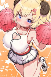 Rule 34 | 1girl, alternate costume, animal ears, blonde hair, blue eyes, blush, breasts, cheerleader, cleavage cutout, clothing cutout, commentary request, hair ornament, hairclip, heart cutout, highres, hololive, horns, kani bonara, large breasts, looking at viewer, microskirt, orange background, pleated skirt, pom pom (cheerleading), ponytail, sheep ears, sheep girl, sheep horns, sheep tail, skirt, smile, solo, star (symbol), starry background, tail, tsunomaki watame, virtual youtuber, white skirt
