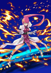 Rule 34 | 1girl, armor, bike shorts, blue eyes, breasts, fingerless gloves, fire, gloves, highres, laevatein (nanoha), long hair, long sleeves, lyrical nanoha, mahou shoujo lyrical nanoha, mahou shoujo lyrical nanoha a&#039;s, pink hair, ponytail, puffy sleeves, san-pon, signum, solo, sword, weapon