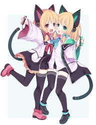 Rule 34 | 2girls, animal ears, arashiya, arm up, black footwear, black legwear, black shorts, black skirt, blonde hair, blue archive, bow, cat ears, cat tail, cheek-to-cheek, cheek squash, coat, controller, face-to-face, fake animal ears, fake tail, full body, game controller, green eyes, hair bow, heads together, leg up, legs, midori (blue archive), momoi (blue archive), multiple girls, nintendo switch, open mouth, outstretched arm, pink eyes, pink footwear, ribbon, shirt, shoes, short hair, shorts, siblings, simple background, sisters, skirt, smile, standing, standing on one leg, tail, thighhighs, thighs, twins, white background, white coat, white shirt