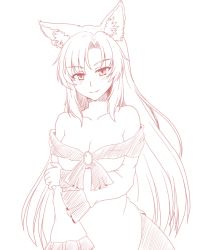 Rule 34 | 1girl, bare shoulders, breasts, brooch, cleavage, female focus, imaizumi kagerou, isaki (gomi), jewelry, large breasts, lineart, long hair, long sleeves, looking at viewer, monochrome, off shoulder, shirt, skirt, smile, solo, touhou, very long hair, wide sleeves, wolf