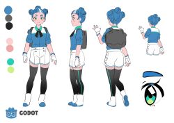 Rule 34 | 1girl, \||/, andrea calabro, backpack, bag, black socks, black thighhighs, blue hair, blue shirt, boots, character sheet, closed mouth, collared shirt, color guide, commentary, english commentary, fingerless gloves, from behind, full body, gloves, godette, godot (game engine), gray backpack, green eyes, hair bun, highres, logo, multicolored hair, multiple hair buns, multiple views, official art, second-party source, shirt, short hair, short sleeves, shorts, simple background, smile, socks, solo, standing, streaked hair, thighhighs, two-tone hair, white background, white footwear, white gloves, zettai ryouiki