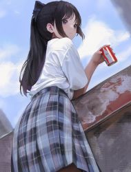 Rule 34 | 1girl, absurdres, arm support, black bow, black hair, black pantyhose, blue skirt, blue sky, blush, bow, can, closed mouth, cloud, collared shirt, dress shirt, drink can, expressionless, hair bow, hand up, highres, holding, holding can, leaning forward, long hair, looking back, lunia, original, outdoors, pantyhose, photo-referenced, plaid, plaid skirt, pleated skirt, ponytail, purple eyes, school uniform, shirt, short sleeves, skirt, sky, soda can, solo, standing, wall, white shirt