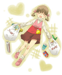 Rule 34 | 1girl, atlus, bag, doujima nanako, closed eyes, groceries, handbag, menoko, persona, persona 4, smile, solo, spill