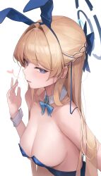 Rule 34 | 1girl, absurdres, animal ears, blonde hair, blue archive, blue bow, blue bowtie, blue eyes, blue halo, blue leotard, blush, bow, bowtie, breasts, dated commentary, detached collar, fake animal ears, halo, heart, highres, jun daniell, leotard, long hair, looking at viewer, medium breasts, official alternate costume, open mouth, rabbit ears, simple background, solo, strapless, strapless leotard, toki (blue archive), toki (bunny) (blue archive), upper body, white background, wrist cuffs