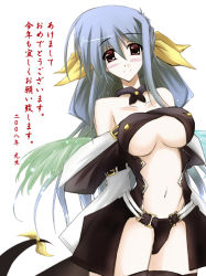 Rule 34 | 1girl, arc system works, asymmetrical wings, blue hair, breasts, dizzy (guilty gear), guilty gear, large breasts, new year, red eyes, ribbon, simple background, solo, tail, tail ornament, tail ribbon, thighhighs, translated, underboob, white background, wings