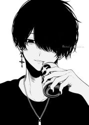 Rule 34 | 1boy, bags under eyes, beer can, can, drink can, ear piercing, earrings, greyscale, hair over one eye, highres, jewelry, lip piercing, looking at viewer, male focus, mole, mole on neck, mole under mouth, monochrome, necklace, original, piercing, shirt, simple background, single earring, solo, soui manshin, upper body