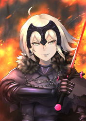 Rule 34 | 1girl, absurdres, ahoge, arm guards, armor, black dress, blonde hair, chain, commentary request, dress, fate/apocrypha, fate/grand order, fate (series), fiery background, fire, fur trim, gloves, hair between eyes, headpiece, highres, holding, holding weapon, jeanne d&#039;arc (fate), jeanne d&#039;arc alter (avenger) (fate), jeanne d&#039;arc alter (fate), looking at viewer, odachu, open mouth, smile, solo, sword, upper body, weapon, yellow eyes