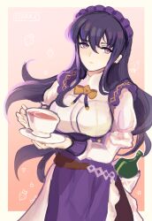 Rule 34 | 1girl, absurdres, alternate costume, apron, artist name, ayra (fire emblem), black hair, ciarre, cup, dress, enmaided, fire emblem, fire emblem: genealogy of the holy war, fire emblem heroes, gradient background, highres, holding, holding cup, long hair, long sleeves, looking at viewer, maid, maid apron, maid headdress, nintendo, official alternate costume, orange background, purple eyes, signature, simple background, solo