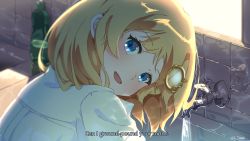 Rule 34 | 1girl, blonde hair, blue eyes, blush, english text, faucet, ground pound, hair ornament, highres, hololive, hololive english, jl tan, long sleeves, looking at viewer, open mouth, shirt, sink, sky, smile, solo, virtual youtuber, water, watson amelia, white shirt