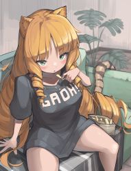 Rule 34 | 1girl, absurdres, animal ears, arknights, arm support, black shirt, blush, clothes writing, collarbone, couch, drill hair, eating, eyebrows hidden by hair, fern, food, green eyes, highres, holding, holding food, long hair, open mouth, orange hair, plant, potted plant, shirt, sidelocks, sitting, solo, swire (arknights), tail, tiger ears, tiger girl, tiger tail, togekk0, twin drills, very long hair