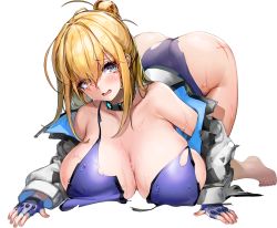 Rule 34 | 1girl, all fours, barefoot, blonde hair, blue gloves, blue one-piece swimsuit, blush, breast rest, breasts, bumcha, character name, choker, cleavage, collarbone, crying, defeat, fingerless gloves, full body, gloves, grey jacket, habetrot (last origin), hair between eyes, hair bun, hair ornament, hairclip, highleg, highleg swimsuit, huge breasts, injury, jacket, last origin, looking at viewer, official alternate costume, official art, one-piece swimsuit, purple eyes, sidelocks, single hair bun, solo, sweat, swimsuit, swimsuit under clothes, tears, torn clothes, torn jacket, torn swimsuit, transparent background