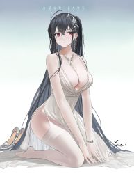 Rule 34 | 1girl, absurdly long hair, absurdres, artist name, azur lane, bare shoulders, black hair, bracelet, breasts, cleavage, collarbone, commentary, copyright name, crossed bangs, dress, earrings, garter straps, gradient background, hair between eyes, high heels, highres, jewelry, kneeling, large breasts, long hair, necklace, official alternate costume, pale skin, plunging neckline, red eyes, shoes, unworn shoes, signature, silver footwear, sleeveless, sleeveless dress, solo, taihou (azur lane), taihou (temptation on the sea breeze) (azur lane), thighhighs, very long hair, wedding dress, white dress, white thighhighs, yougashi
