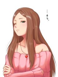 Rule 34 | 1girl, ;t, blush, brown hair, collarbone, crossed arms, heart, heart necklace, highres, idolmaster, idolmaster cinderella girls, jewelry, long hair, long sleeves, looking at viewer, matsuyama kumiko, mouru5, necklace, off-shoulder sweater, off shoulder, parted bangs, parted lips, pink sweater, sidelocks, sideways glance, simple background, solo, straight hair, sweater, upper body, very long hair, white background