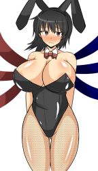 Rule 34 | 1girl, animal ears, areola slip, bare shoulders, black hair, blush, breasts, cleavage, curvy, female focus, fishnets, groin, highleg, houjuu nue, huge breasts, leotard, musuka (muska), playboy bunny, rabbit ears, red eyes, short hair, simple background, solo, standing, thigh gap, thighs, touhou, white background