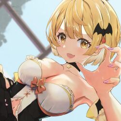 Rule 34 | 1girl, ahoge, babinch, bare shoulders, bat hair ornament, blonde hair, breasts, cleavage, commentary, fang, hair ornament, hairclip, highres, hololive, large breasts, light blush, looking at viewer, nail polish, open mouth, short hair, smile, solo, translated, virtual youtuber, yozora mel