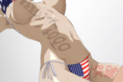 Rule 34 | 1girl, american flag, beelzebub (manga), bikini, body writing, breasts, female focus, gradient background, hilda (beelzebub), kyabakurabakufu, navel, solo, swimsuit, united states
