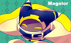Rule 34 | ^ ^, animal ears, aqua background, argyle, argyle background, argyle clothes, belt, belt buckle, belt collar, blue belt, blue hood, buckle, cape, character name, closed eyes, collar, commentary request, covered mouth, disembodied limb, gear print, gloves, kirby (series), looking at viewer, magolor, nintendo, no humans, rayman limbs, scarf, shirushiki, solid eyes, solo, white cape, white gloves, white scarf, yellow eyes
