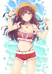 Rule 34 | 1girl, :3, absurdres, belt, bikini, bikini shorts, blue eyes, bracelet, breasts, brown hair, commentary request, earrings, hat, highres, ichinose shiki, idolmaster, idolmaster cinderella girls, idolmaster cinderella girls starlight stage, jewelry, long hair, looking at viewer, medium breasts, midriff, navel, necklace, pearl necklace, pink nails, rakkopower, red bikini, shorts, solo, straw hat, swimsuit, water, white belt