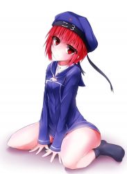 Rule 34 | 10s, 1girl, :&lt;, bad id, bad pixiv id, bottomless, buttons, clothes writing, full body, hat, highres, kantai collection, long sleeves, military, military uniform, no nose, red eyes, red hair, short hair, simple background, sitting, socks, solo, uniform, wada kazu, white background, z3 max schultz (kancolle)