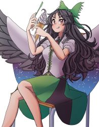 Rule 34 | 1girl, absurdres, bigscaryartist1, black hair, blush, bow, cape, chair, commentary, commission, food, green bow, green skirt, hair bow, highres, holding food, holding ice cream, ice cream, ice cream cone, licking lips, long hair, red eyes, reiuji utsuho, shirt, simple background, sitting, skirt, solo, space print, star (sky), starry sky print, tongue, tongue out, touhou, very long hair, white background, white shirt, wings