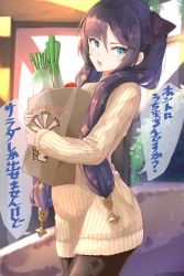 Rule 34 | 1girl, bag, black hair, black pantyhose, black ribbon, blue eyes, brown sweater, commentary request, day, dress, excella (delltothu), eyebrows hidden by hair, food, genshin impact, grocery bag, hair between eyes, hair ribbon, highres, hugging object, long hair, long sleeves, looking at viewer, mona (genshin impact), open mouth, outdoors, pantyhose, paper bag, ribbed sweater, ribbon, shopping bag, sleeves past wrists, solo, sweater, sweater dress, teeth, translation request, twintails, upper teeth only, very long hair