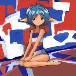 Rule 34 | 00s, 1girl, :o, bad id, bad pixiv id, barefoot, blue hair, casual one-piece swimsuit, galaxy angel, kneeling, mint blancmanche, nyama, one-piece swimsuit, pointy ears, short hair, sitting, sketch, solo, striped clothes, striped one-piece swimsuit, swimsuit, wariza, yellow eyes