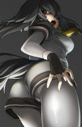 Rule 34 | 10s, 1girl, :o, ass, black gloves, bodystocking, commentary request, cowboy shot, fingerless gloves, from behind, from below, gloves, green eyes, grey background, grey hair, grey shirt, grey shorts, grey theme, hair between eyes, highres, kemono friends, looking at viewer, looking back, looking down, okojo ojoko, panties, panty peek, pantyhose, pantyshot, shirt, shoebill (kemono friends), short sleeves, shorts, simple background, solo, tail, teeth, underwear, upper teeth only, upshorts