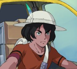 Rule 34 | 10s, 1girl, a1 (initial-g), black hair, blue eyes, bucket hat, chair, closed mouth, collarbone, frown, hair between eyes, hat, hat feather, kaban (kemono friends), kemono friends, parody, red shirt, retro artstyle, seatbelt, shirt, short hair, short sleeves, sitting, solo, style parody, tagme, v-shaped eyebrows