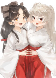Rule 34 | 2girls, black hair, blush, brown eyes, conte di cavour (kancolle), fang, grey hair, hakama, highres, japanese clothes, kantai collection, long hair, long sleeves, looking at viewer, low-tied long hair, miko, multiple girls, nisshin (kancolle), open mouth, red hakama, short eyebrows, sidelocks, simple background, smile, toka (marchlizard), two side up, white background, wide sleeves