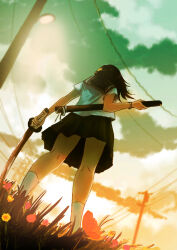 Rule 34 | 1girl, black hair, black sailor collar, black skirt, commentary request, facing away, floating hair, flower request, from behind, from below, grass, highres, holding, holding sword, holding weapon, inami hatoko, katana, original, outdoors, power lines, sailor collar, school uniform, serafuku, shirt, short hair, short sleeves, skirt, sky, socks, solo, sword, unsheathed, utility pole, weapon, white shirt, white socks
