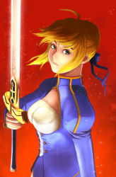 Rule 34 | 1girl, ahoge, artoria pendragon (fate), blonde hair, dress, excalibur (fate/stay night), fate/stay night, fate (series), glowing, glowing weapon, green eyes, hair ribbon, highres, light particles, realistic, ribbon, saber (fate), solo, sword, takemaru08, weapon