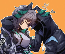 Rule 34 | 1girl, 1other, ambiguous gender, aqua wings, arknights, black coat, breasts, closed eyes, closed mouth, coat, commentary, doctor (arknights), dress, dryegen, english commentary, grey hair, head wings, highres, ho&#039;olheyak (arknights), large breasts, orange background, short hair, simple background, white dress, wings