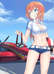 Rule 34 | 1girl, a9b (louis814), absurdres, aircraft, airplane, belt, blue eyes, blurry, breasts, charlotte e. yeager, cleavage, crop top, day, denim, denim shorts, depth of field, front-tie top, goggles, grin, helmet, highres, long hair, medium breasts, midriff, navel, orange hair, shirt, short shorts, shorts, smile, solo, strike witches, tied shirt, world witches series