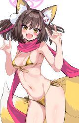 Rule 34 | 1girl, :d, absurdres, animal ear fluff, animal ears, bare shoulders, bikini, blue archive, blush, breasts, brown hair, cowboy shot, double fox shadow puppet, fox ears, fox girl, fox shadow puppet, fox tail, gold bikini, groin, hair ornament, halo, hand up, highres, izuna (blue archive), long hair, looking at viewer, medium breasts, micro bikini, navel, open mouth, pink scarf, pom pom (clothes), pom pom hair ornament, scarf, shiny swimsuit, side-tie bikini bottom, simple background, small breasts, smile, solo, standing, stomach, string bikini, swimsuit, tail, white background, wisespeak, yellow eyes